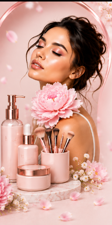 Sheenyl beauty model with cosmetic products