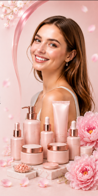 Sheenyl skincare model with cosmetic products